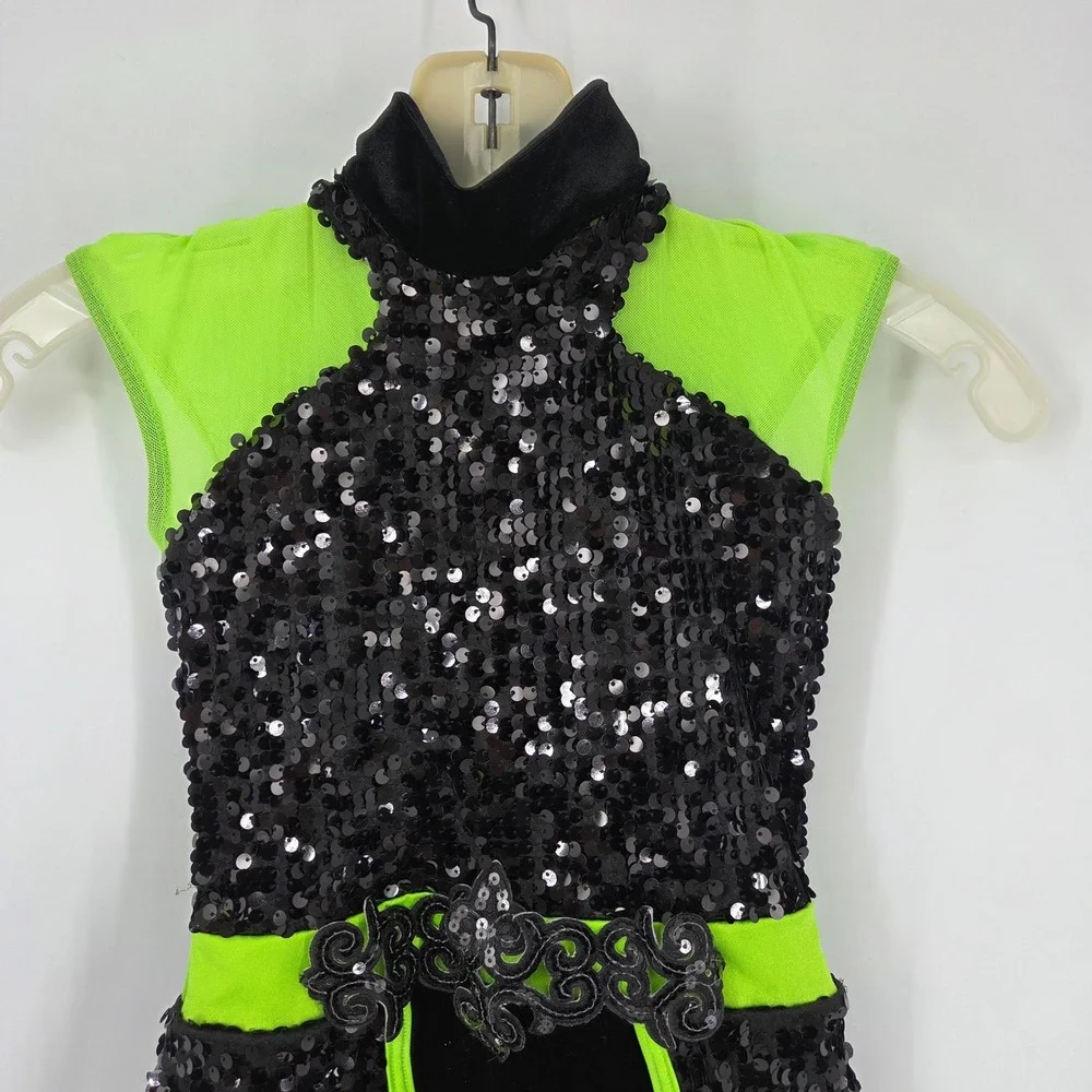 Weissman Black Neon Green Sequin Dance Costume Leotard Peplum MC Jazz Tap
